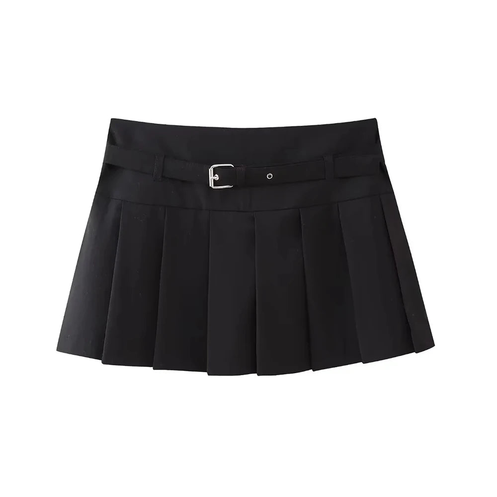 TRZA-Pleated Shorts Skirts for Women, With Belt,Side Zipper, Mid Waist, Female Skort,Fashion