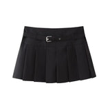 TRZA-Pleated Shorts Skirts for Women, With Belt,Side Zipper, Mid Waist, Female Skort,Fashion