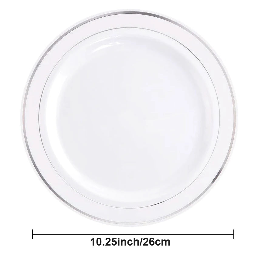 25/10PCS Silver Plastic Plates-Disposable Plastic Plates with Silver Rim- Wedding Party Plates Dinner Plates /Salad Plates