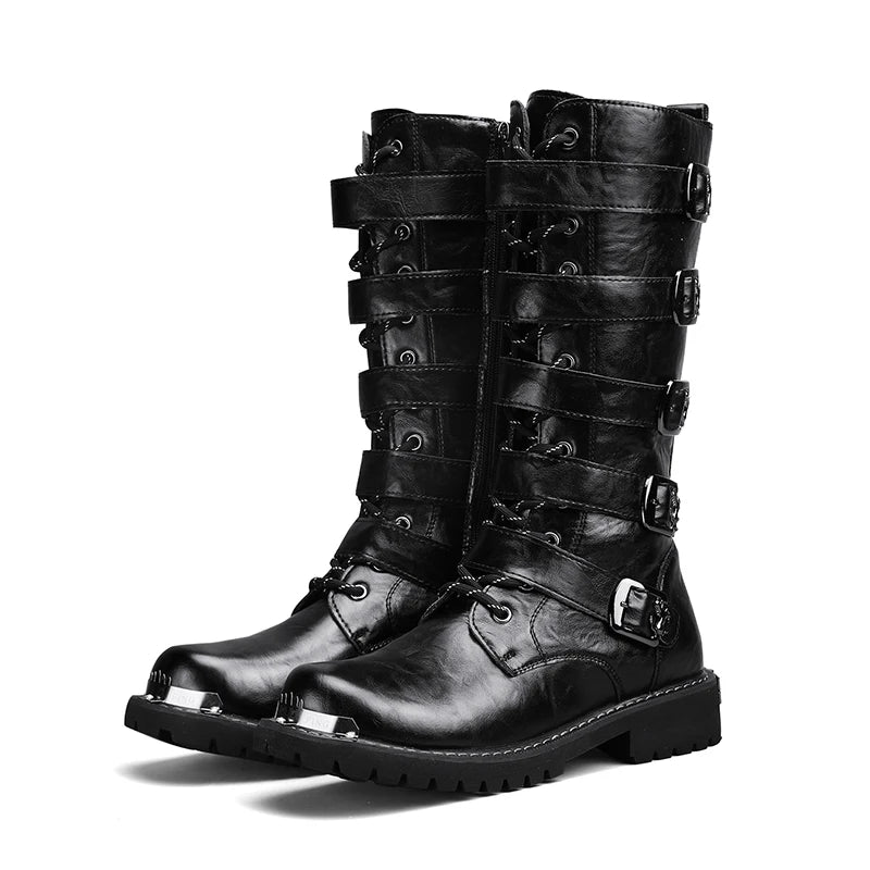 2025 High Leather Boots Men Black Boots Gothic Punk Motorcycle Boots Men Big Size 46 Comfy Platform Boots for Men Tooling Boots