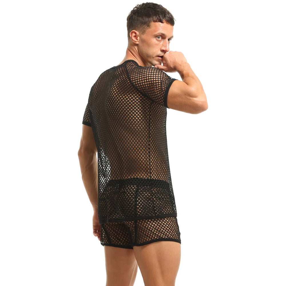 Sexy T-shirts for Men See-Through Mesh Breathable Short Sleeve Clothing Black Fashion Party Nightclub Transparent Man Shirt 2022