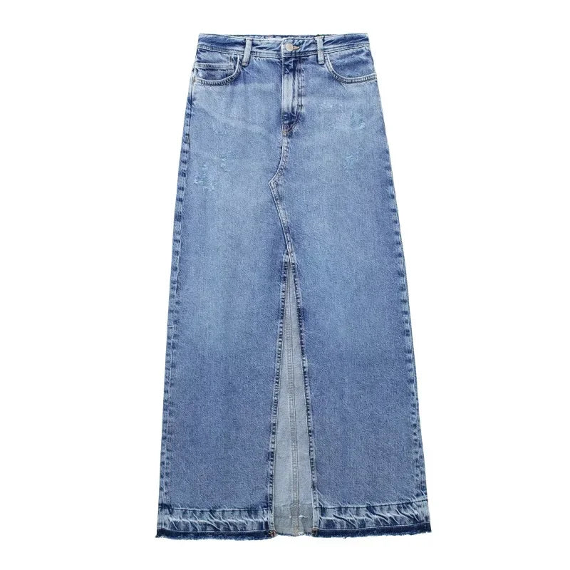 New Women's High Waisted Slit Denim Skirt Fashion Long Half Skirts for Women