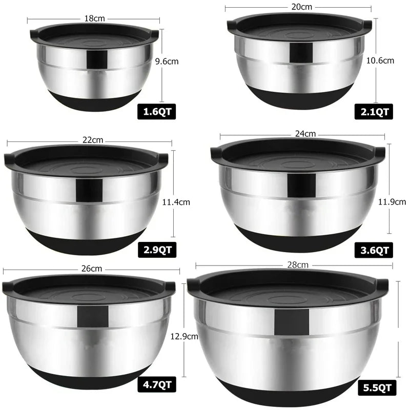 Mixing Bowls with Lids and Non-Slip Bases, Stainless Steel Mixing Bowls Set for Baking, Nesting Storage Bowls, JT227, 6 Pcs