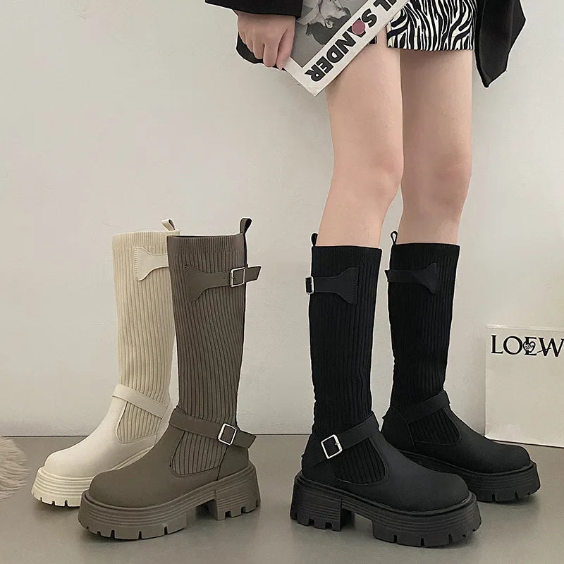 Long Boots Women New Knitted Elastic Boots Retro Thick-soled Women's High Boots Knee-length Boots Elegant Boots and Women shoes