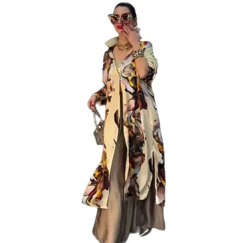 Women Pant Sets Print Shirts Two Piece Single Breasted Long Cardigan Fulls Sleeve Spliced Elegant High Waist Pants Office Lady