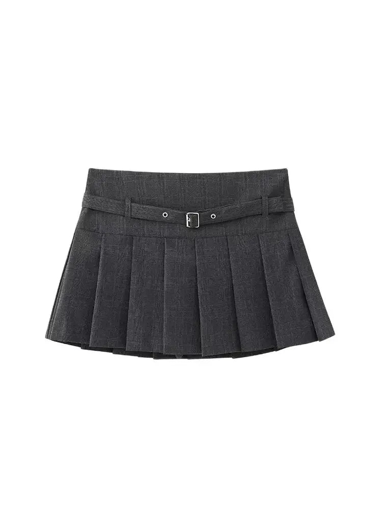 TRZA-Pleated Shorts Skirts for Women, With Belt,Side Zipper, Mid Waist, Female Skort,Fashion