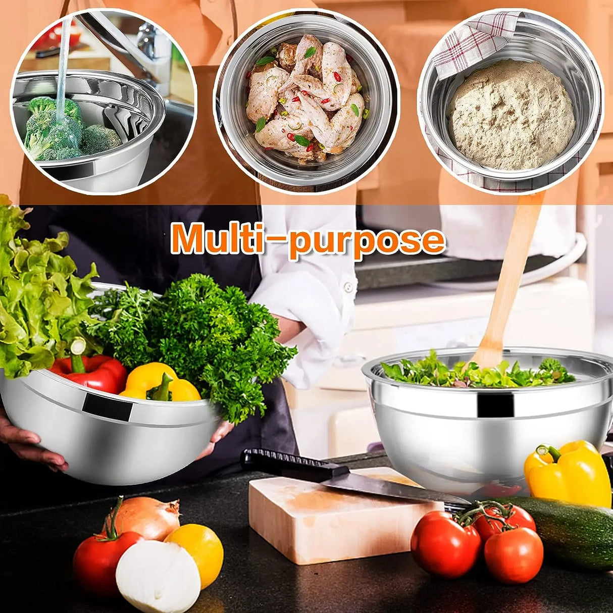 Stainless Steel Mixing Bowls Set, 5 Piece Metal Mixing Bowls with Lids Set for Kitchen, Baking, Prepping, Cooking