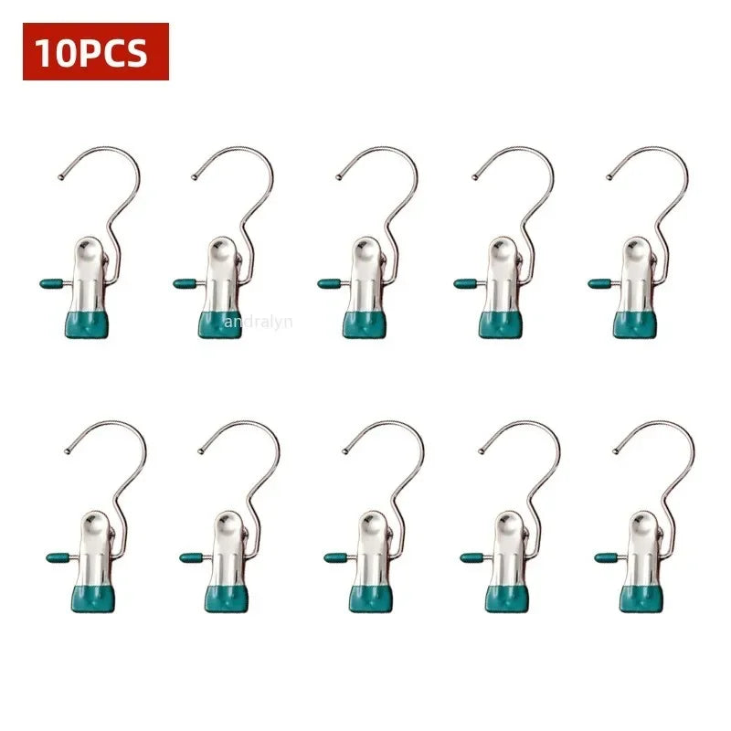 10/5PCS Stainless Steel Clothespins Laundry Clothes Pegs with Hook Pants Hanger Portable Hanging Clips Closet Clothes Organizer