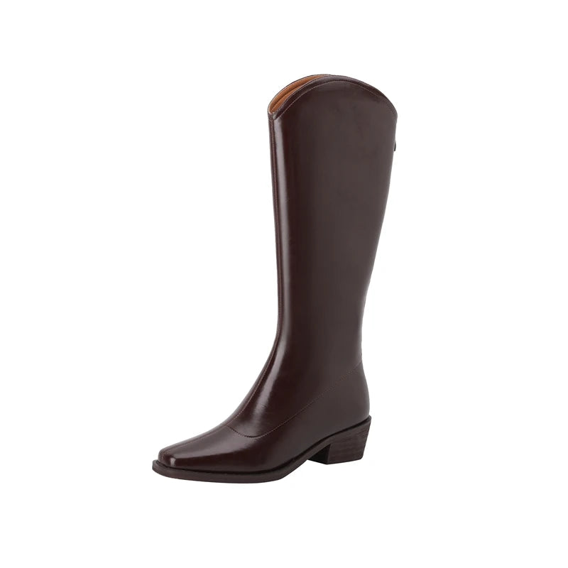 Kaky's New Square Head Cowhide Mid Heel Genuine Leather Cowhide Women's Boots High Sleeve Boots Long Boots Western Boots