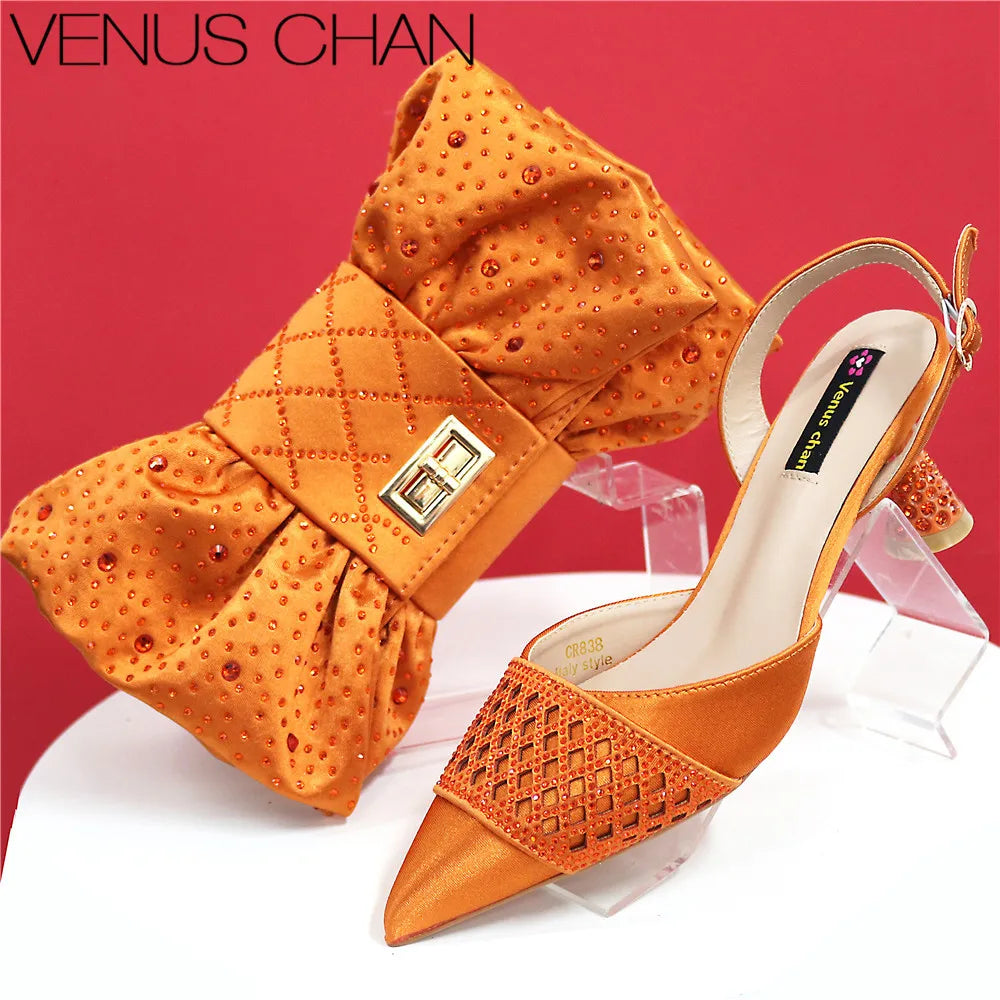 2025 Heel Shoes for Women Hollowed Out Embroidery Rhinestone Italian Design Green Color Pointed-Toe Shoes and Bags Set