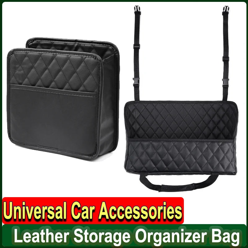 Universal Car Storage Organizer Bag Between Seats Hanger Storage Box Leather Trash Can Dustbin Phone Pocket Auto Accessories