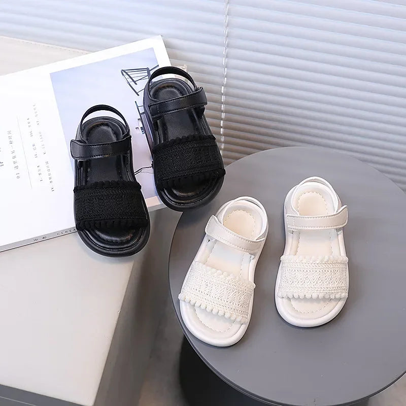Girls Sandals Versatile Casual 2025 Summer New Kids Beach Shoes Non-slip Soft Sole Girls Princess Style Open Toes Soild Color