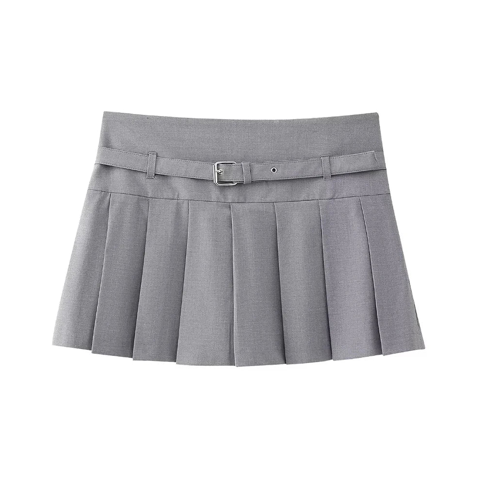 TRZA-Pleated Shorts Skirts for Women, With Belt,Side Zipper, Mid Waist, Female Skort,Fashion