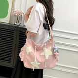 Simple Star Pattern Large Tote Bag, Corduroy Drawstring Shoulder Bag, Cute Tote Bag Canvas Bag