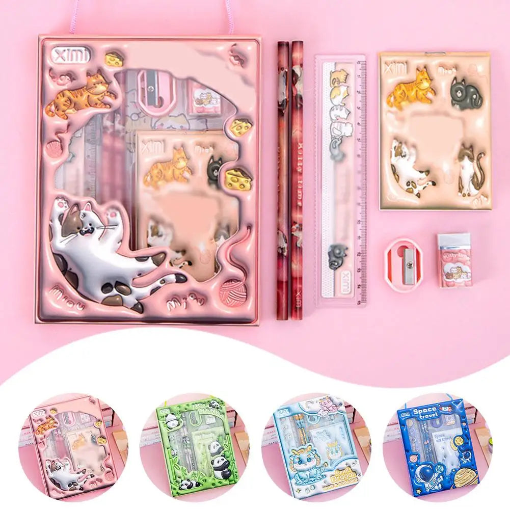 1 Set Cartoon Stationery Set for The Beginning of The School Year Pencil, Notebook,Ruler, Eraser Set Student Stationery Supplies