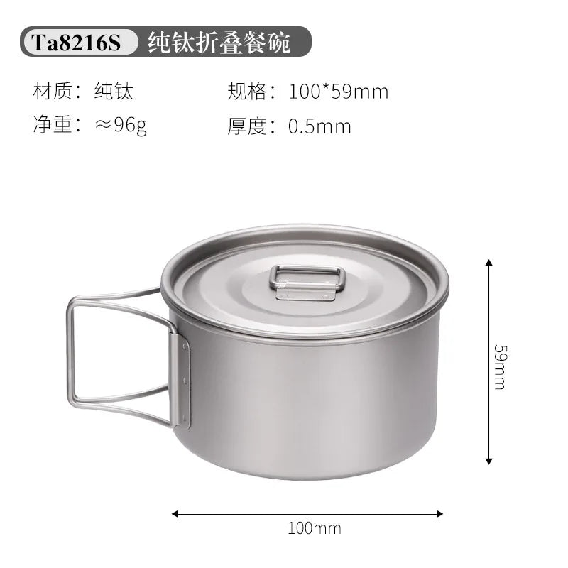 Camping Titanium Cooking Pot Bowl Cup Multi Use Ultralight Folding Handle 450ml 600ml