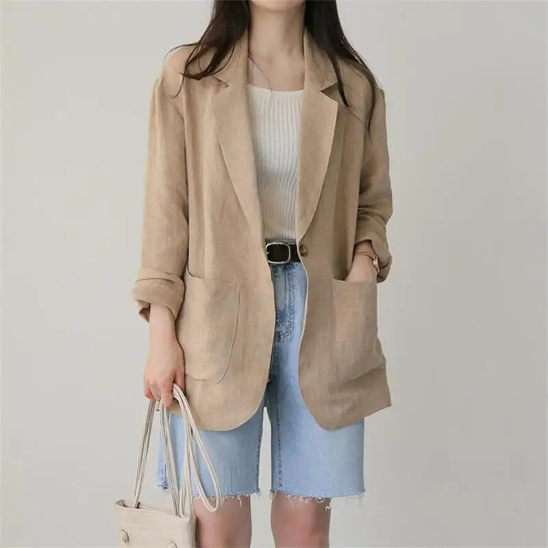2025 Spring and Summer Korean New Style Herringbone Linen Loose Simple Long-sleeved Casual Blazer for Women