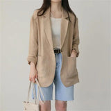 2025 Spring and Summer Korean New Style Herringbone Linen Loose Simple Long-sleeved Casual Blazer for Women