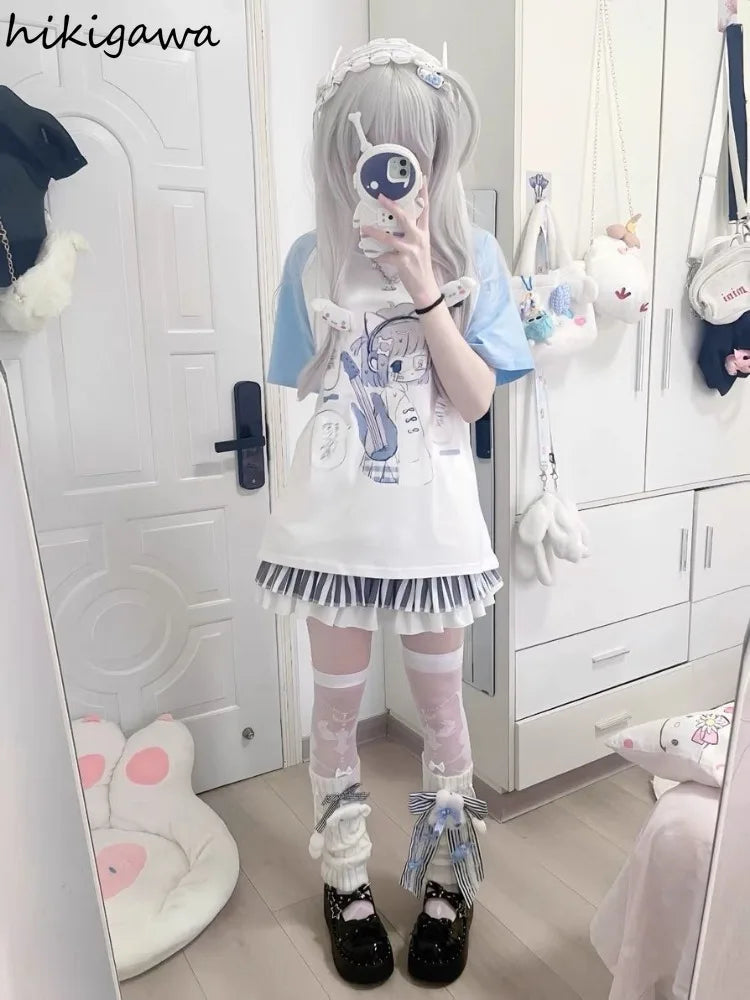 2025 Ropa Mujer Japanese Tshirts for Women Oversized Tops Patchwork Summer Tees Anime Print Casual T Shirt Fashion Y2k T-shirts