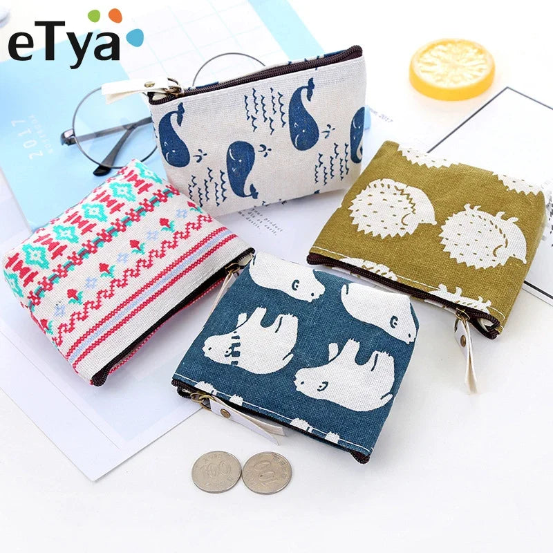 Women Canvas Coin Purse Card Key Mini Purses Pouch Girl Kid Children Cute Small Zipper Coin Purse Card Holder Wallet Storage Bag