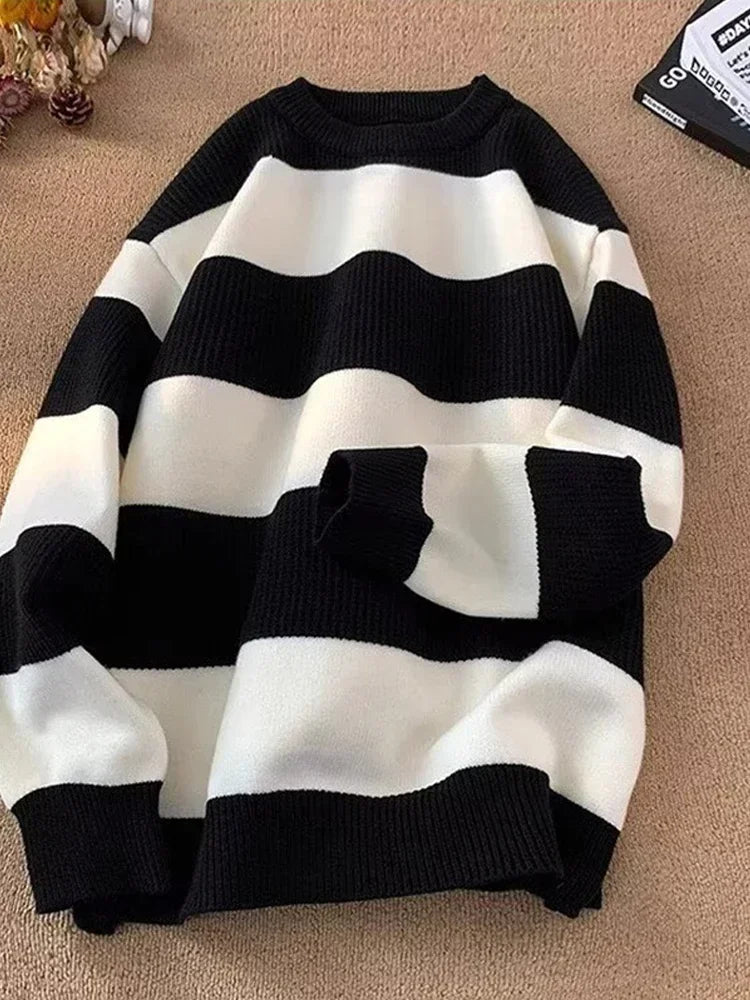 2025 New Long Sleeve Striped Sweater For Men Korean Fashion Pullover Knitted Sweaters Casual Crewneck Pullovers Y2K Streetwear