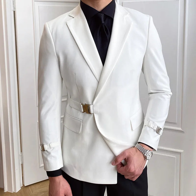 Solid Metal Buckle Decoration Blazer For Men Party Banquet Blazer Casual Slim Fit Suits By Italian Designers (only Blazers)
