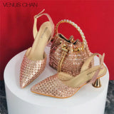 Popularity Pointed Toe Heels for Women 2024 Elegant Party Golden Color Full Diamond Pumps Italian Shoes and Bags Matching Set
