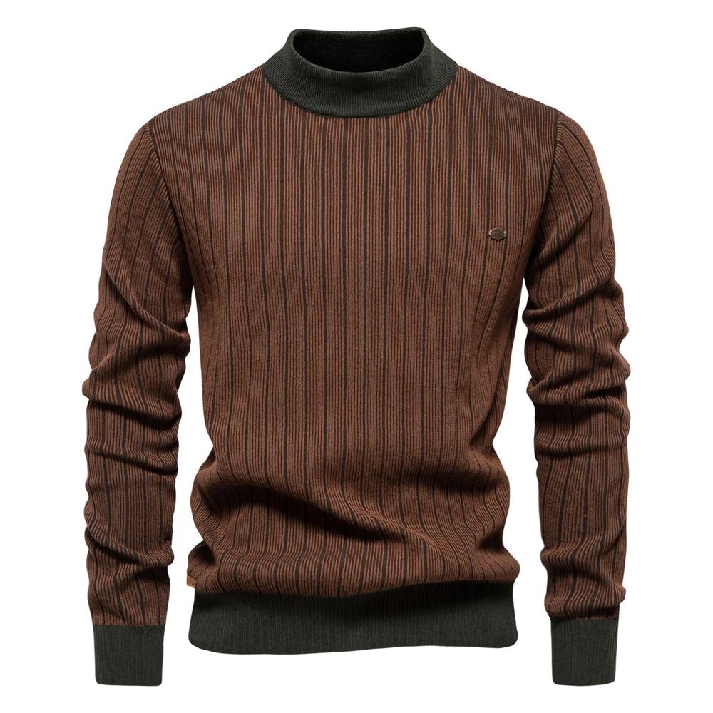AIOPESON New Design Mens Mock Neck Cotton Pullover Sweaters Autumn Winter Warm Stripped Sweater for Men