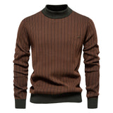 AIOPESON New Design Mens Mock Neck Cotton Pullover Sweaters Autumn Winter Warm Stripped Sweater for Men