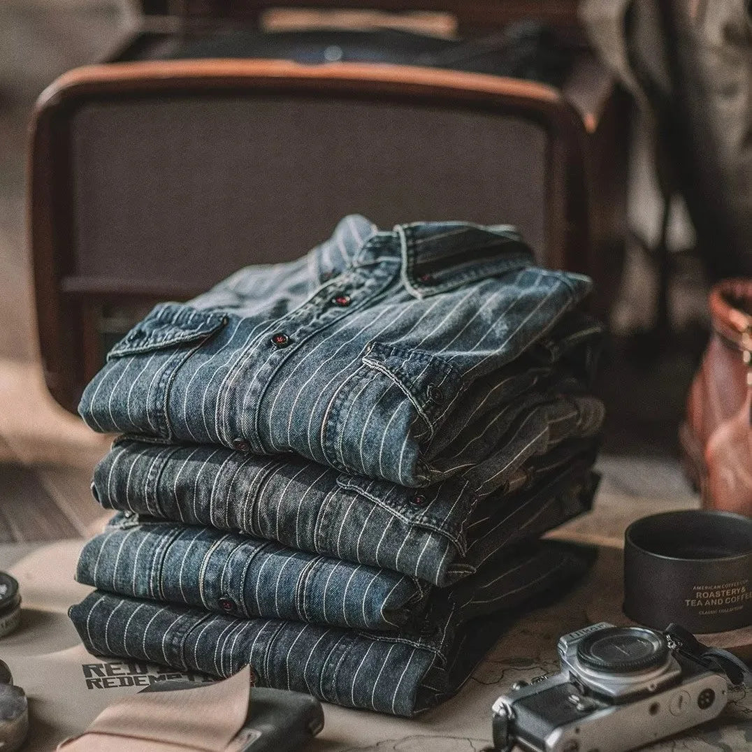Men's Shirts Long Sleeves Recommend New Sand Washing for Old Retro Trendy Men Thicken Yarn-dyed Striped Shirts for Men