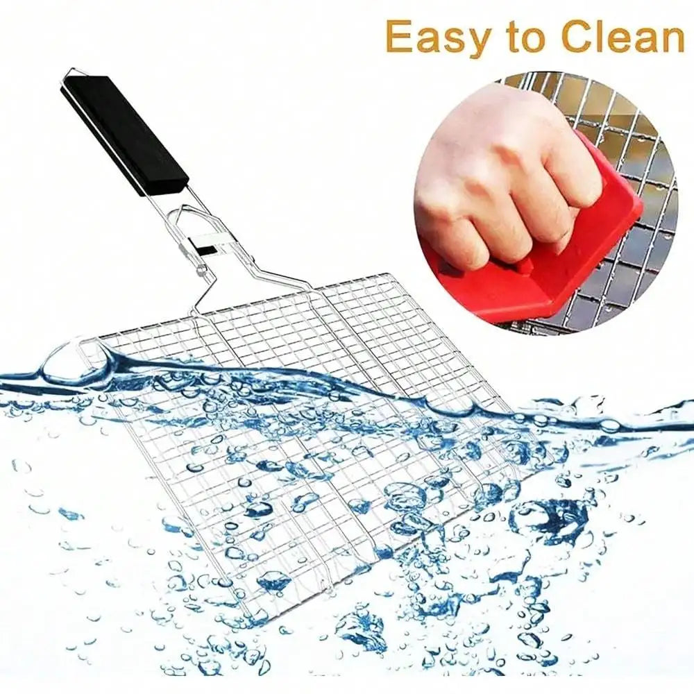 1pc Folding Outdoor Camping Stainless Steel BBQ Rack With Removable Handle Grilling Basket Barbeque Griller Cooking Tools