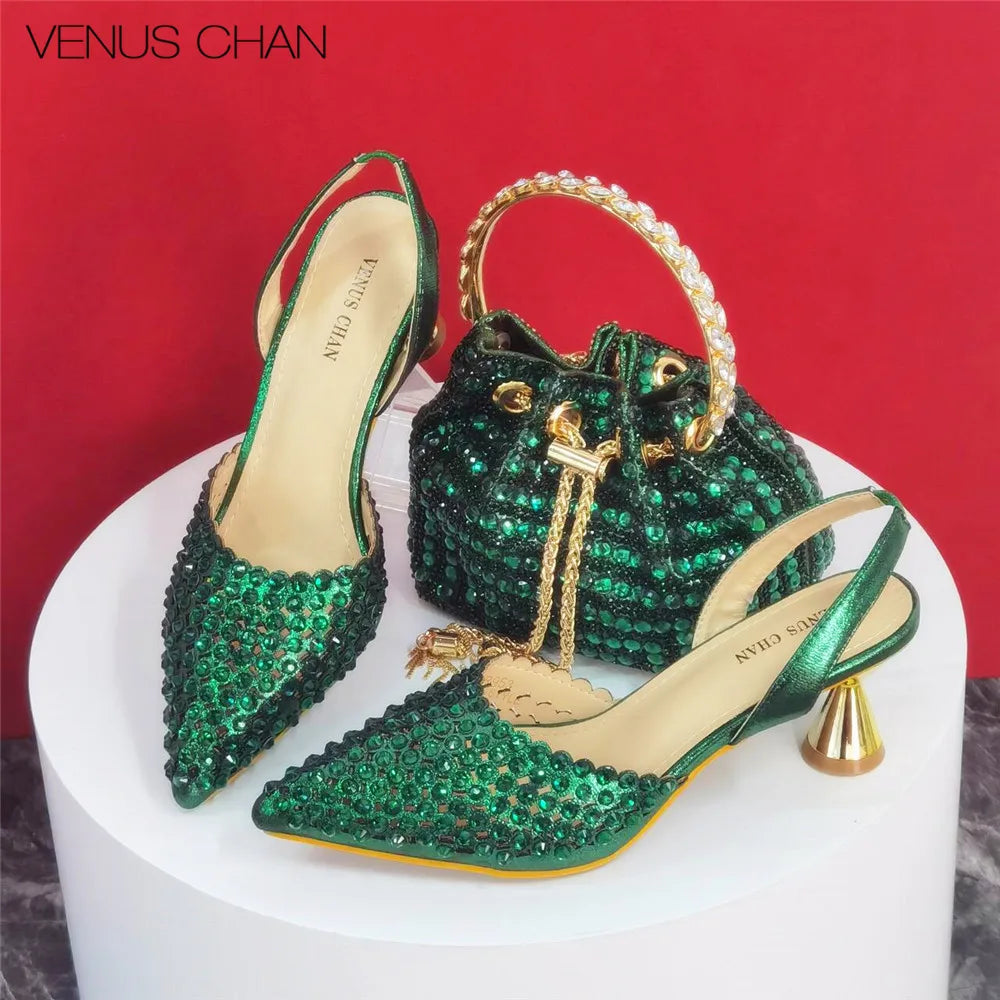 Popularity Pointed Toe Heels for Women 2024 Elegant Party Golden Color Full Diamond Pumps Italian Shoes and Bags Matching Set