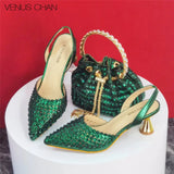 Popularity Pointed Toe Heels for Women 2024 Elegant Party Golden Color Full Diamond Pumps Italian Shoes and Bags Matching Set