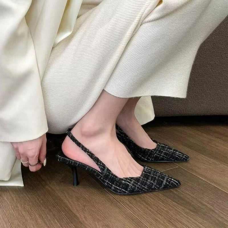 Fashionable high heels for women 2025, striped design, black style, pointed stilettos, sexy and comfortable, large-sized sandals