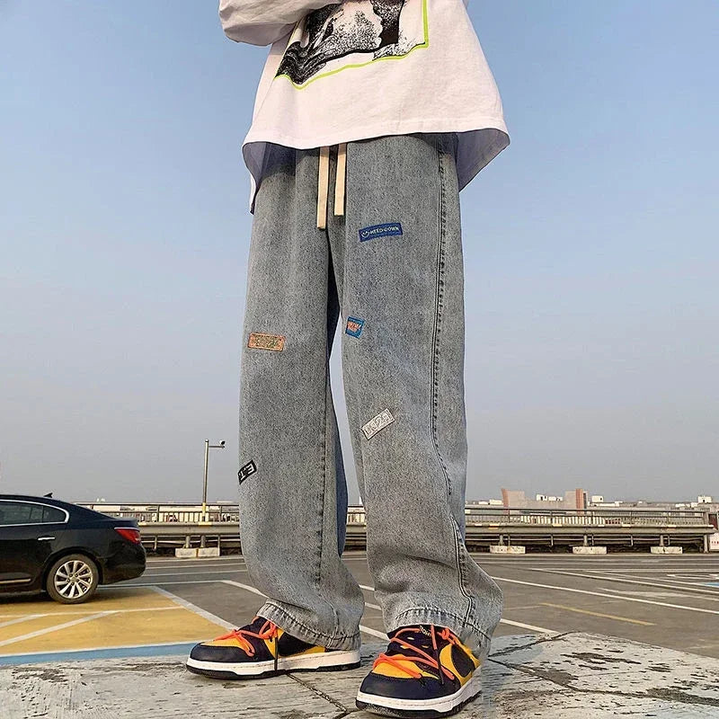 Jeans for Men with Print Trousers Graphic Hip Hop Male Cowboy Pants Light Blue Luxury Y2k Streetwear Aesthetic Harajuku Baggy Xs