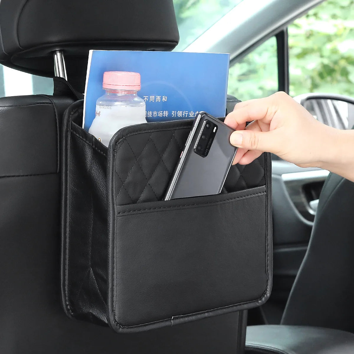 Universal Car Storage Organizer Bag Between Seats Hanger Storage Box Leather Trash Can Dustbin Phone Pocket Auto Accessories