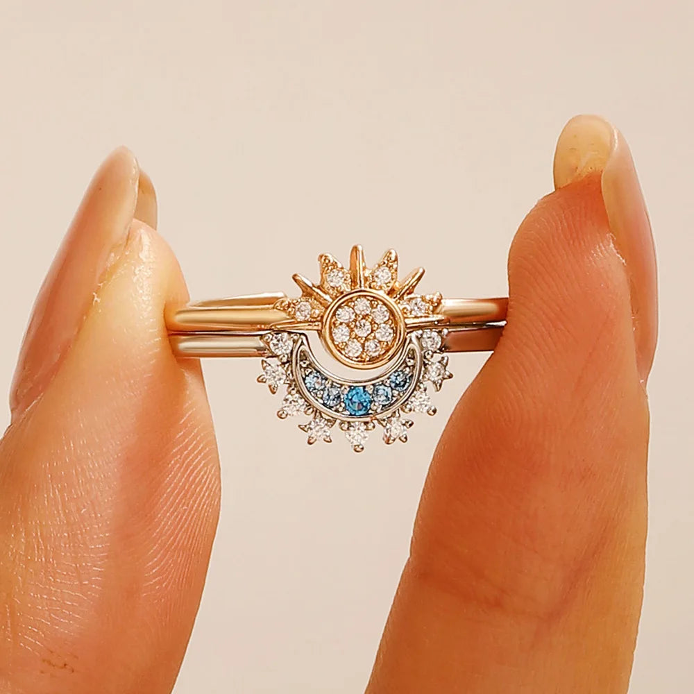 2Pc/set Sparkling Ring Riyue Suitable Ring for Women To Wear Fashion Female Sun Moon Star Ring Cubic Zircon Ring for Women Gifts