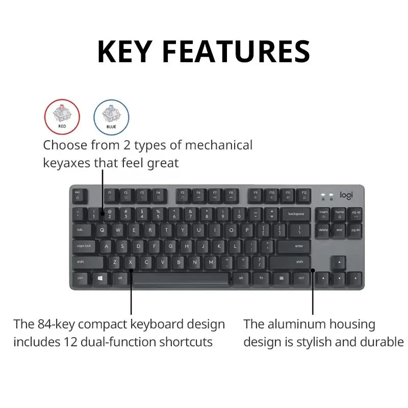 Logitech K835 Wired Mechanical Keyboard 84 Keys Ultra Thin Backlit Silent Red Switch Portable for PC Laptop Office Business
