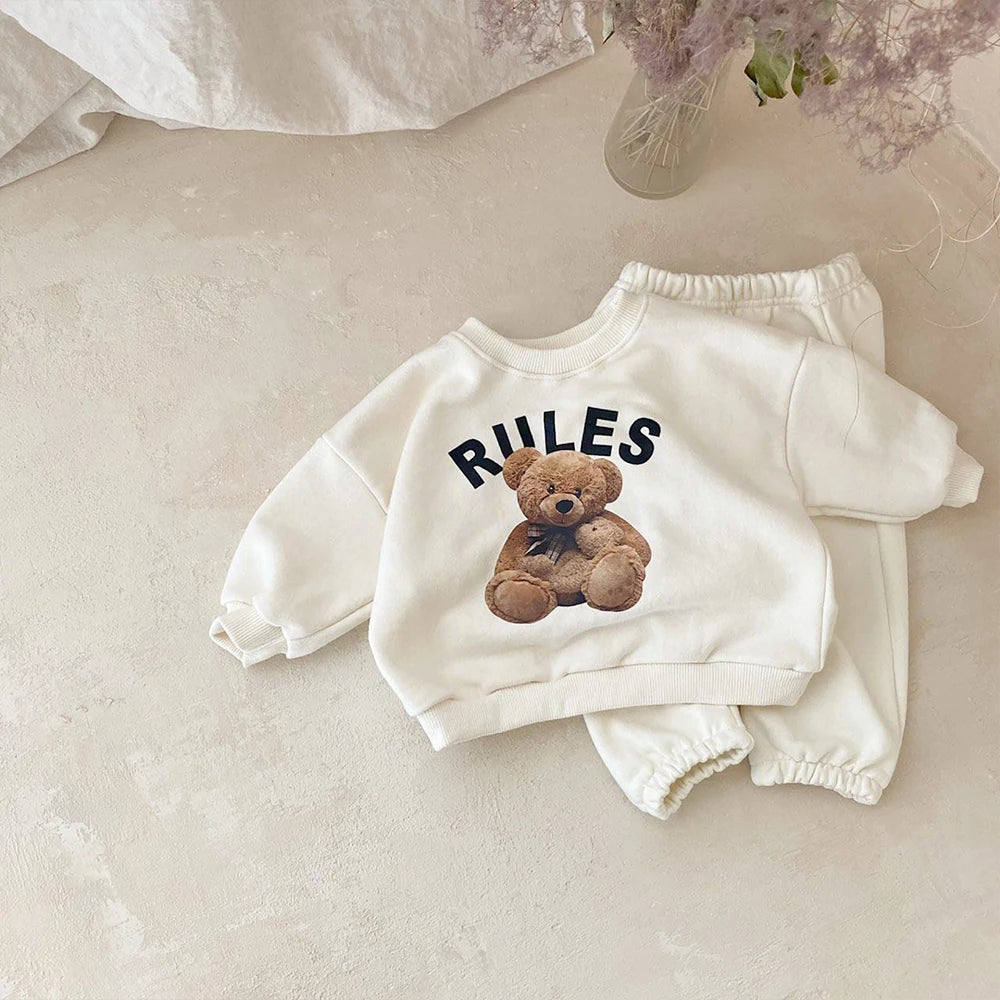 Korean 1-4Y Boys Outfit Set Toddler Girls Clothes Set Fashion Sweatshirt Tops +White Pants Spring Cartoon Bear Kids Clothes Suit