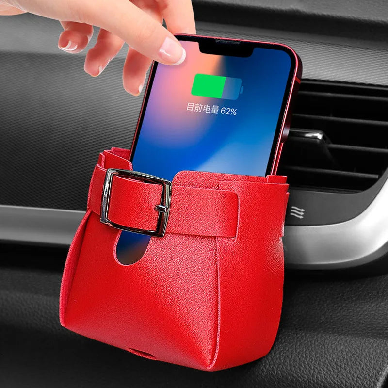 Car Storage Bag Air Vent Dashboard Tidy Hanging Leather Organizer Box Glasses Phone Holder Storage Organizer Car Accessories