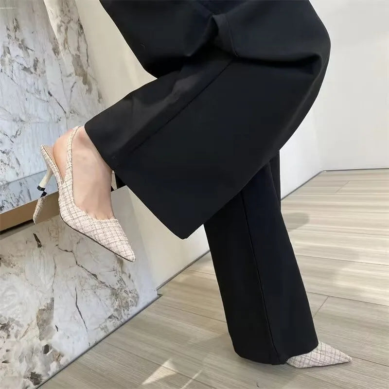 Fashionable high heels for women 2025, striped design, black style, pointed stilettos, sexy and comfortable, large-sized sandals