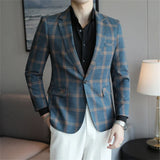 Men's Blazer British's Style Casual Slim Fit Suit Jacket Male Plaid Blazers Single Button Men Coat Terno Masculino