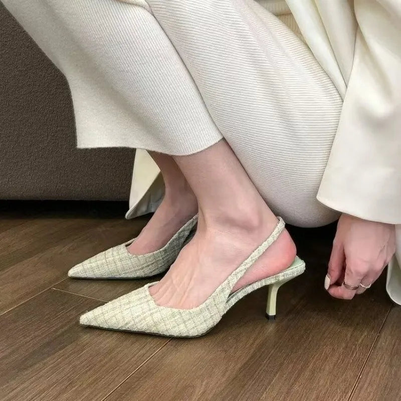 Fashionable high heels for women 2025, striped design, black style, pointed stilettos, sexy and comfortable, large-sized sandals