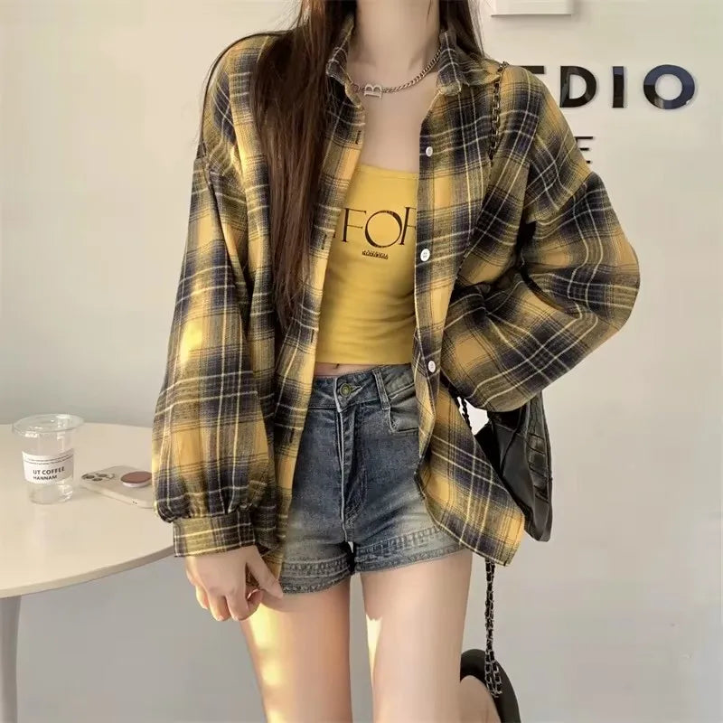 Women's Plaid Flannel Shirt Casual Button Down Long Sleeve Flannel Plaid Blouse Loose Check Shirt Female Teen-girl Preppy Outfit