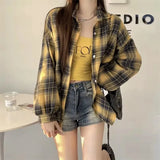 Women's Plaid Flannel Shirt Casual Button Down Long Sleeve Flannel Plaid Blouse Loose Check Shirt Female Teen-girl Preppy Outfit