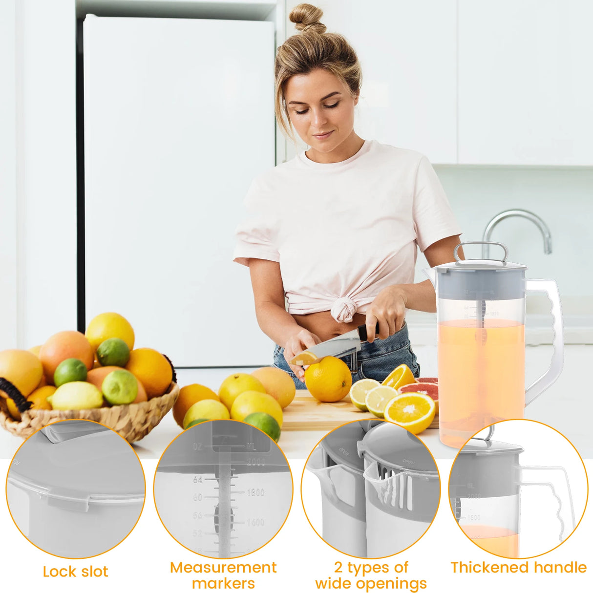 Mixing Pitcher for Drinks 2000ml Mixing Water Pitcher Wide Mouth Lemon Orange Fruit Juice Mixing Container Kitchen Accessories