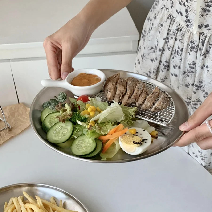 4pcs stainless steel silver plates, Korean style grilled meat plates, household circular trays, bone plates, cake plates