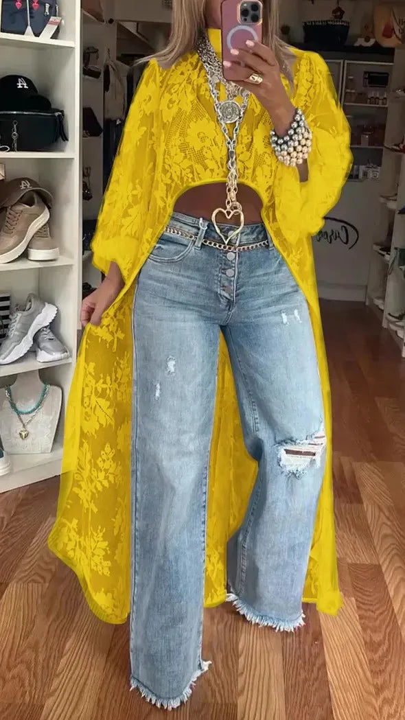 Spring Summer Fashion Solid Color Lace Blouses Women Sexy Perspective High Neck Irregular Holiday Tops Elegant Dress Women Y2k