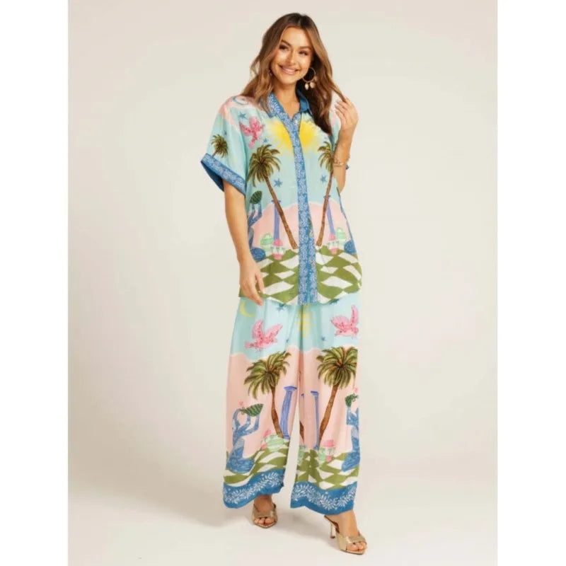 Pants Sets For Women 2025 Summer Fashion Printed Half Sleeve Shirt Suits Casual Loose High Waisted Female Wide Leg Pants Outfits