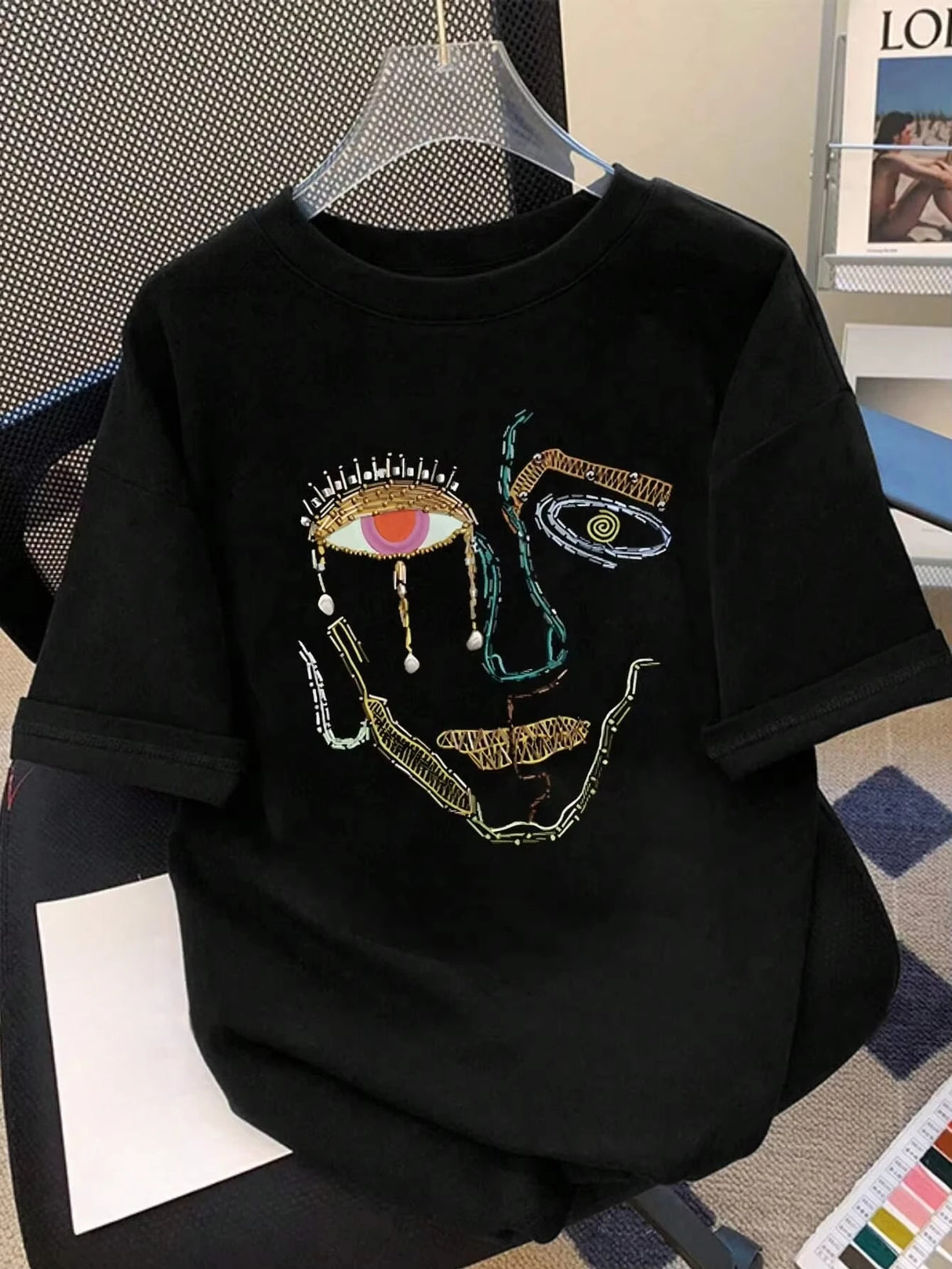 T-Shirts for Women Color Graffiti Women's Face Printing Clothes Street Fashion Tops Loose Casual Short Sleeve Tees Y2k Top